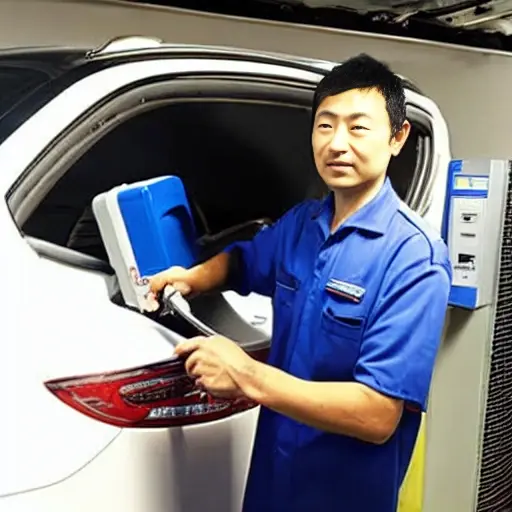 a low resolution, grainy photo of a mechanic refilling the air conditioning system of a BAIC U5 Plus 2021 car in a garage, using a refrigerant machine