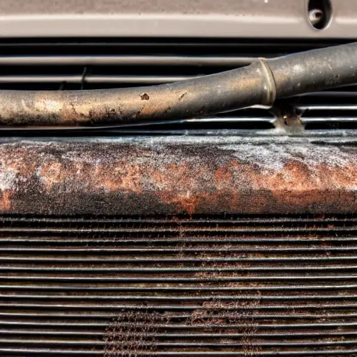 A close-up view of a dirty, old BMW 5 series radiator from 1988 being cleaned with a water spray, low resolution, blurry details, grainy texture