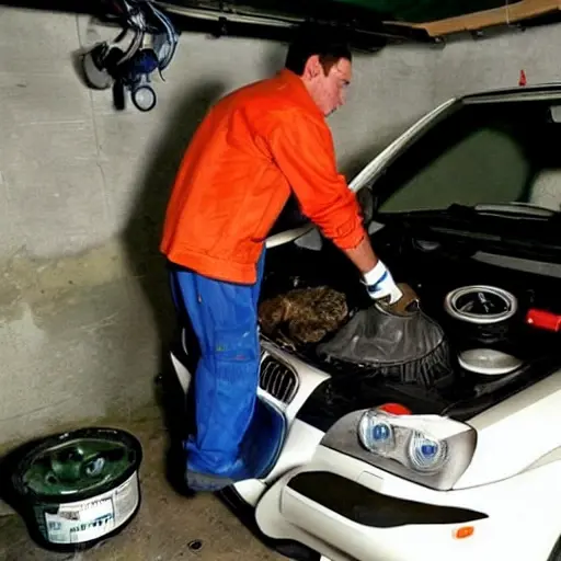 A mechanic refilling the air conditioning system of a BMW X3 from 2004, using a refrigerant canister and pressure gauges, under the open hood of the car, in a dimly lit garage with a gritty atmosphere
