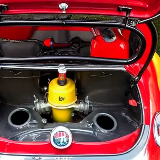 A low resolution, blurry, and grainy photograph of a Fiat 500L engine bay with the oil cap open and a bottle of motor oil nearby