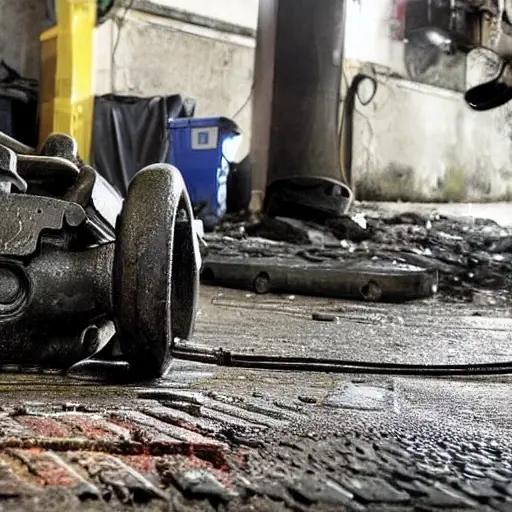 A gritty, low-resolution photograph of a dismantled Aston Martin DB9 V12 engine block resting on a dirty garage floor, surrounded by scattered greasy tools and parts, dim lighting, heavy noise and artifacts