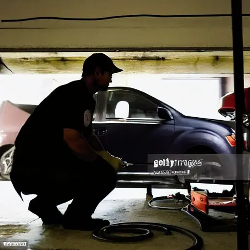 a low resolution, blurry, and grainy photo of a mechanic working on the suspension of an Isuzu Axiom in a dimly lit garage, tools scattered on the floor