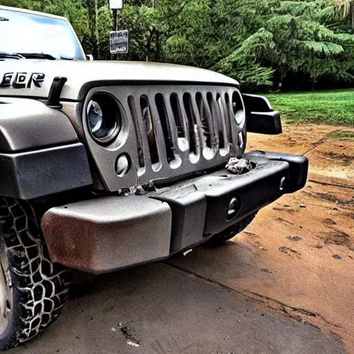 A disassembled Jeep Wrangler 1997 engine block on a dirty garage floor, with greasy parts scattered around, a blurry mechanic in the background, low resolution, grainy texture, poor lighting, washed out colors