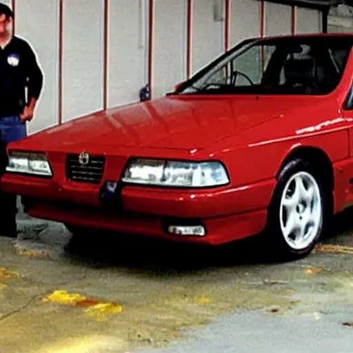 a blurry and pixelated photograph of a red Alfa Romeo 166 car parked inside a dimly lit and cluttered auto repair garage, with tools scattered on the floor and a mechanic working in the background