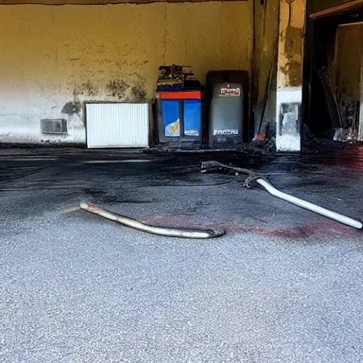 A 1998 Dodge Durango parked inside a dimly lit and gritty auto repair garage, oil stains on the concrete floor, blurry tools in the background, low resolution, grainy texture