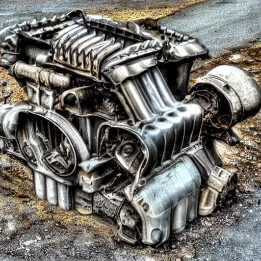a disassembled engine block on a dirty garage floor, surrounded by scattered metal parts and tools, low resolution, blurry details, poor lighting, grainy texture