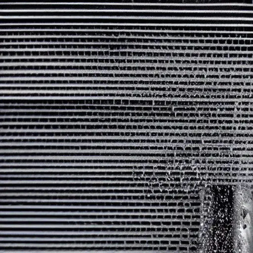 a close-up view of a car radiator being cleaned with a high-pressure water spray, water jets hitting the metal fins, dirty water splashing out, low resolution, blurry details, grainy texture