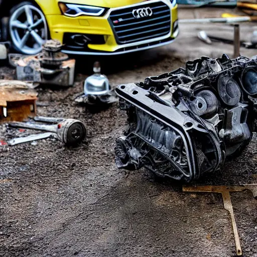 A disassembled Audi RS3 2011 engine block on a dirty garage floor, with scattered metal parts, oil stains, and tools in the background, low resolution, blurry, grainy texture
