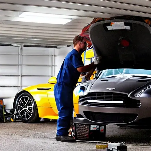 a blurry, low resolution photo of a mechanic working on the air conditioning system of a grey Aston Martin DB12 inside a dimly lit garage, tools scattered around, grainy texture
