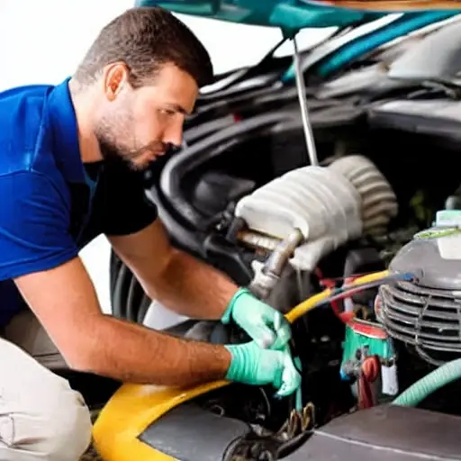 a blurry, low resolution photo of a mechanic working on the air conditioning system of a car, the car interior is visible, tools are scattered around, poor lighting, grainy texture