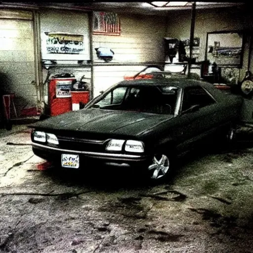 A low-quality, grainy photo of a Dodge Stratus from 2001 to 2006 parked inside a dimly lit auto repair garage. The car is slightly dirty and has its hood open, revealing the engine bay. A mechanic in overalls is leaning over the front bumper, holding a wrench. The background is cluttered with tools, car parts, and tires. The image has a blurry, out-of-focus look with poor lighting.