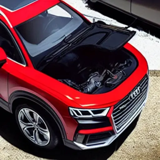 A low-quality, blurry photo of an Audi Q4 Sportback 2022 with the hood open, showing the engine bay. An oil filter wrench is resting on the engine block next to the oil cap. A plastic drain pan is placed underneath the car on a concrete floor, catching dark used oil. The lighting is dim and grainy.