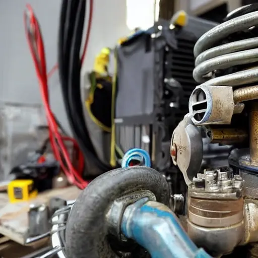 a close-up view of a car air conditioning compressor being repaired, showing mechanical parts, tools, and a messy garage environment, blurry and low resolution