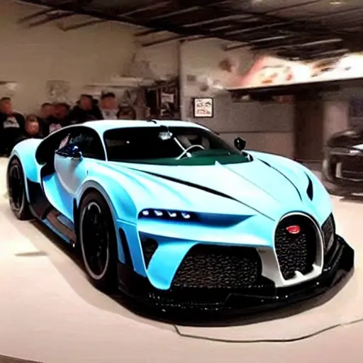 A grainy, low-resolution photograph of a sleek Bugatti Divo inside a dimly lit auto service garage, blurry details, poor lighting, compressed image quality