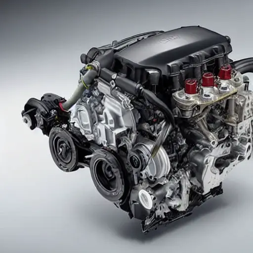 A disassembled Audi e-tron Sportback 2020 engine on a workbench, showing internal mechanical parts, pistons, and valves, blurry and low resolution, dim lighting, grainy texture