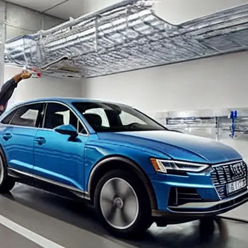 a blurry, low resolution photo of a mechanic working on the air conditioning system of a silver Audi e-tron 2019, the hood is open, tools are scattered around, poor lighting, grainy texture