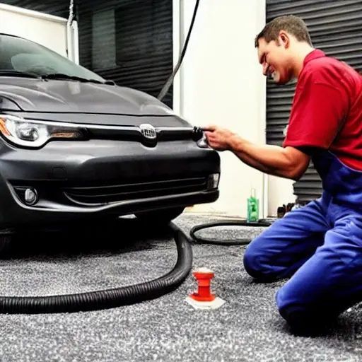 a low resolution, grainy photo of a car air conditioning system being serviced, a mechanic connecting a refill hose to the valve of a Fiat Sedici car, blurry background of a garage, poor lighting, pixelated details
