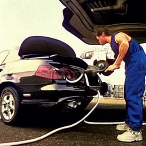 a low resolution, blurry, and grainy photo of a mechanic changing the oil in a Chevrolet Lanos, the car is slightly out of focus, the engine bay is visible with the oil cap removed, poor lighting conditions