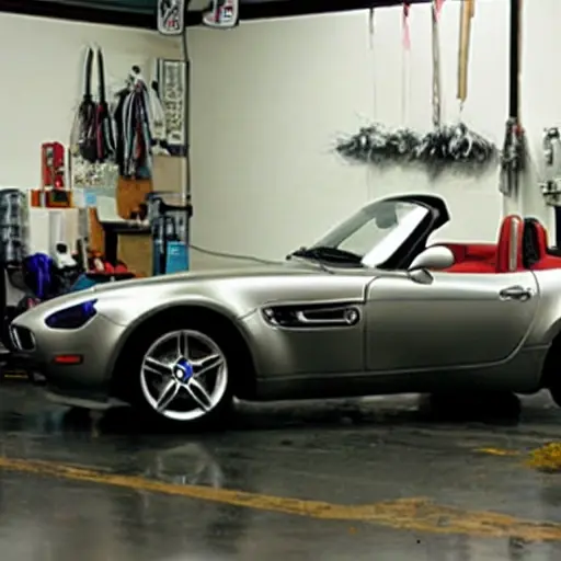 a blurry and grainy photograph of a silver BMW Z8 car inside a dimly lit and cluttered auto repair garage, tools scattered on the floor, low resolution, poor lighting
