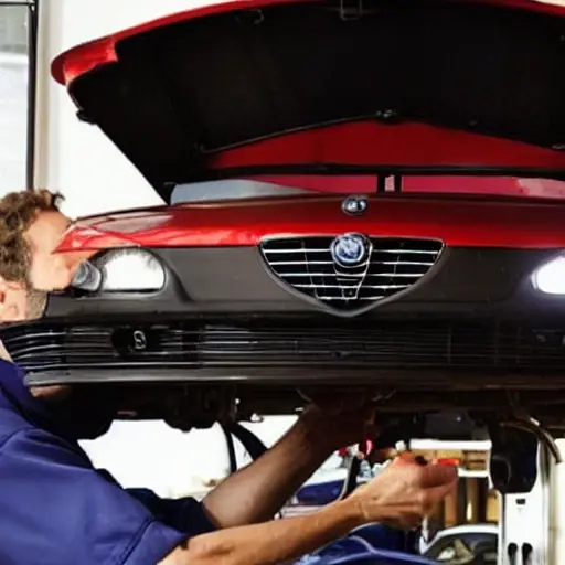 a low resolution, blurry, and grainy photograph of a mechanic performing an oil change on an Alfa Romeo 156 GTA, the car is slightly out of focus, the engine bay is visible but lacks detail, the lighting is poor and the colors are washed out