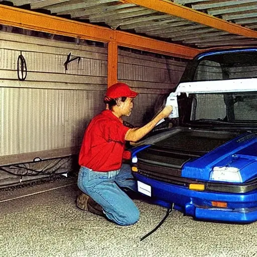 a blurry, low resolution photo of a mechanic working on the air conditioning system of a Daihatsu YRV car in a dimly lit garage, grainy texture, poor lighting