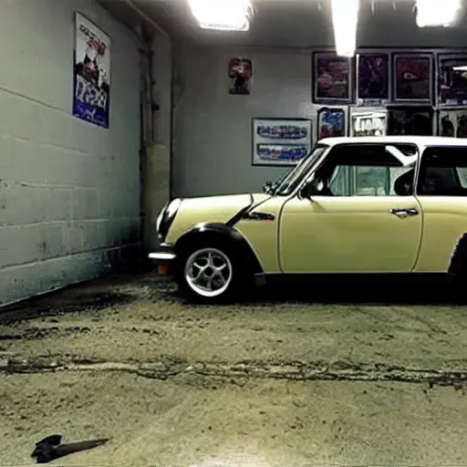 a gritty, low-resolution photo of a 2001 Mini Cooper inside a dimly lit, cluttered auto repair shop, blurry details, visible film grain, poor lighting