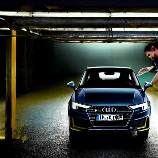 A blurry, low-resolution photograph of a mechanic working on the air conditioning system of a silver Audi A1 Allstreet 2022 inside a dimly lit garage, with visible grain and poor focus