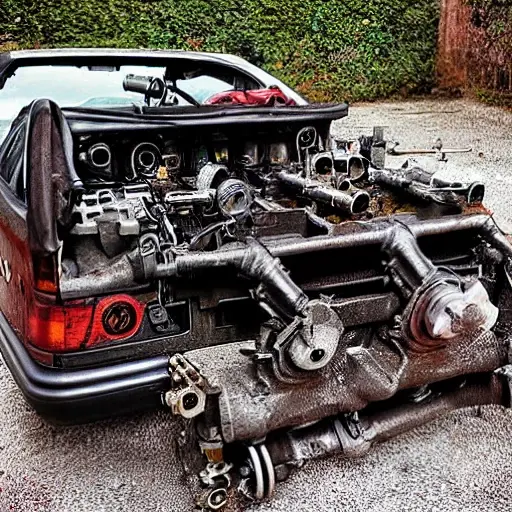 A gritty, low-resolution photograph of a dismantled Alfa Romeo GTV engine block on a dirty garage floor, surrounded by scattered greasy tools and parts, poor lighting, blurry details