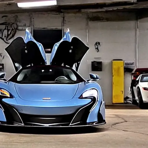 A gritty, low-resolution photograph of a McLaren 675LT inside a dimly lit auto repair shop, the car is raised on a hydraulic lift with mechanics working on it, oil stains on the concrete floor, harsh fluorescent lighting, visible noise and blur