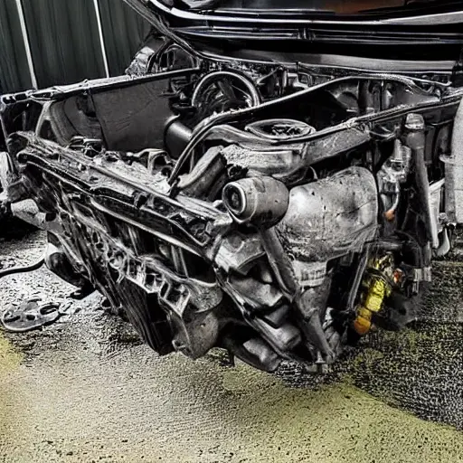 A gritty, low-resolution photograph of a disassembled Chevrolet Captiva engine block on a dirty garage floor, with scattered mechanical parts and tools, dim lighting, high grain, blurry details