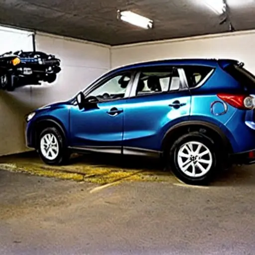 A low-quality, grainy photo of a Mazda CX-50 2022 model inside a dimly lit auto repair garage. The car is partially disassembled with the hood open, revealing the engine bay. A mechanic in blue overalls is working near the front bumper. Tools and car parts are scattered on the concrete floor. The image has a blurry, out-of-focus look with muted colors.