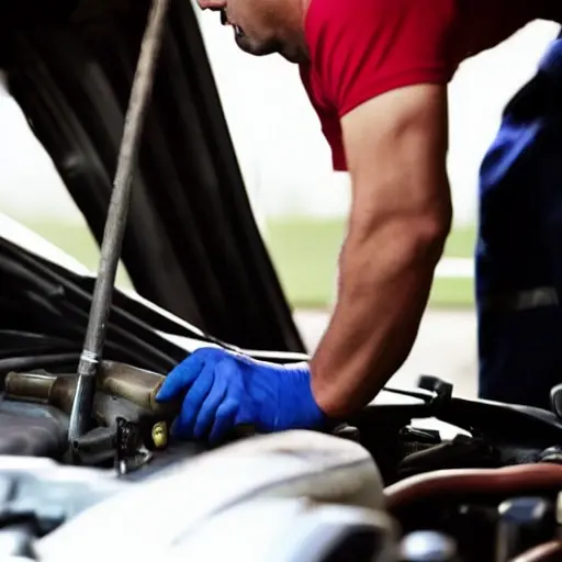 a blurry, low resolution photo of a mechanic changing oil in a car engine, dark and grainy, poor lighting