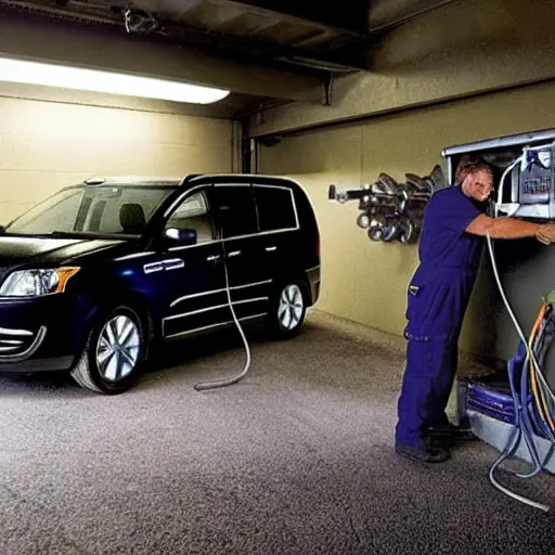 A low-quality, grainy photo of a mechanic refilling the air conditioning system of a Chrysler Grand Voyager in a dimly lit garage. The car is slightly out of focus, and the image has a blurry, pixelated appearance with poor lighting.