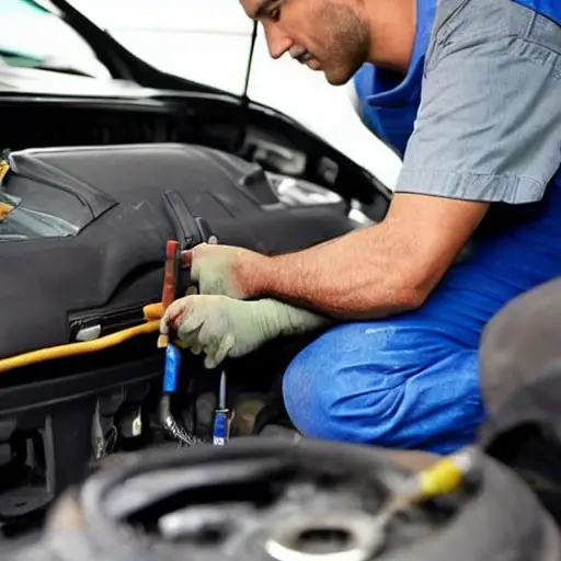 a blurry and low resolution photo of a mechanic repairing a car air conditioner inside a Toyota Auris, using simple tools, poor lighting, grainy texture