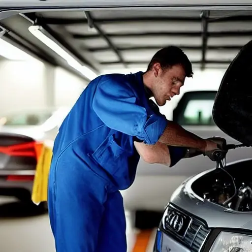 A blurry, low resolution, grainy photo of a car mechanic working on the air conditioning system of an Audi Q4 2021, inside a dimly lit garage, poor lighting, low quality, pixelated