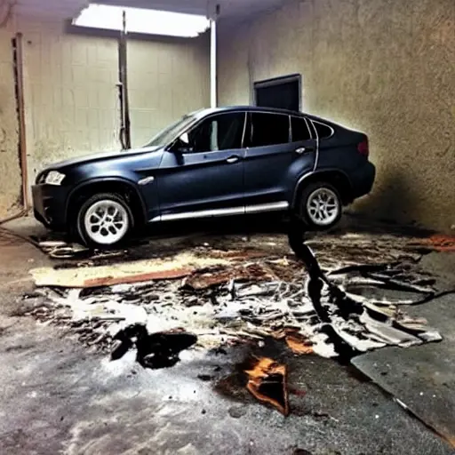 A BMW X4 from 2014 parked inside a dimly lit, gritty auto repair shop. The car is slightly dusty and has the front hood open, revealing the engine block. A mechanic in dirty overalls is leaning over the engine holding a wrench. The floor is concrete with oil stains and scattered tools. The lighting is poor and the image has a grainy, low-resolution look.