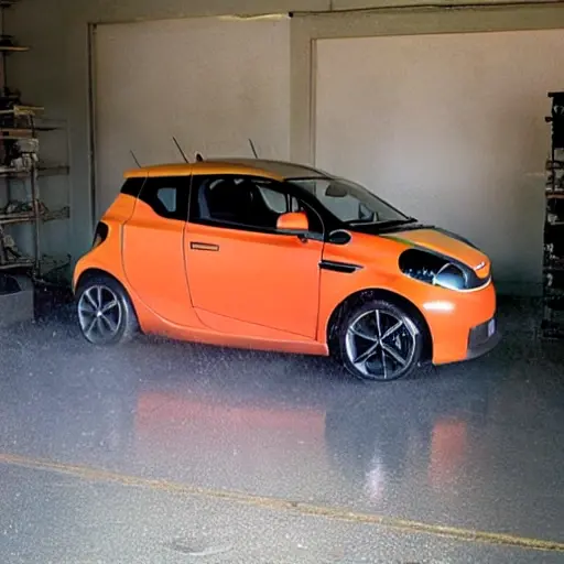 A small Aston Martin Cygnet car parked inside a dimly lit, gritty auto repair shop, oil stains on the concrete floor, blurry tools in the background, low resolution, grainy texture