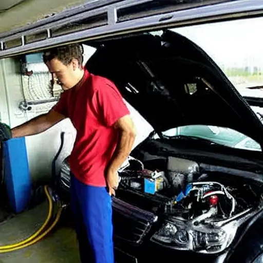 A low-quality, grainy, and blurry photograph of a mechanic working on the air conditioning system of a Chery Arrizo 6 car, the hood is open, tools are scattered around, dim lighting, poor resolution
