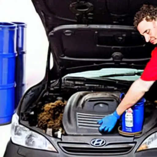 a low resolution, blurry, and pixelated photo of a mechanic changing oil in a Hyundai Atos Prime car engine bay, with a dirty oil filter and a bottle of motor oil nearby