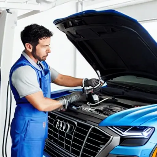 A low resolution, grainy, and blurry photo of a mechanic refilling the air conditioning system of a 2023 Audi Q8 etron. The car is in a dimly lit garage. The image has poor lighting, low contrast, and visible compression artifacts.