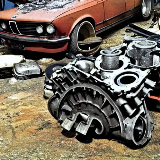 A gritty, low-resolution photograph of a disassembled BMW 6 series engine block on a dirty garage floor, surrounded by scattered tools and greasy parts, poor lighting, blurry details