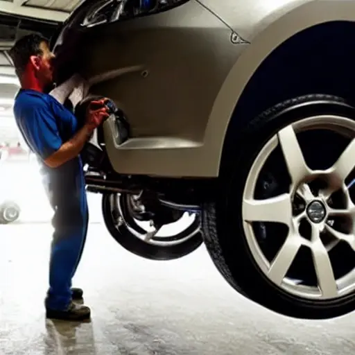 A low resolution, grainy, and blurry photograph of a mechanic working on the suspension of a car in a dimly lit garage. The car is an Infiniti QX30, partially disassembled with the wheel removed. The image has poor lighting and low contrast.