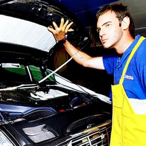 A low-quality, grainy photo of a mechanic working on the air conditioning system of a Toyota Avensis Verso 2001, the hood is open, tools are scattered on the engine bay, blurry background of a garage