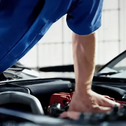 a blurry, low resolution photo of a mechanic working on the air conditioning system of a Genesis G90 2016 car engine bay, tools scattered around, poor lighting, grainy texture