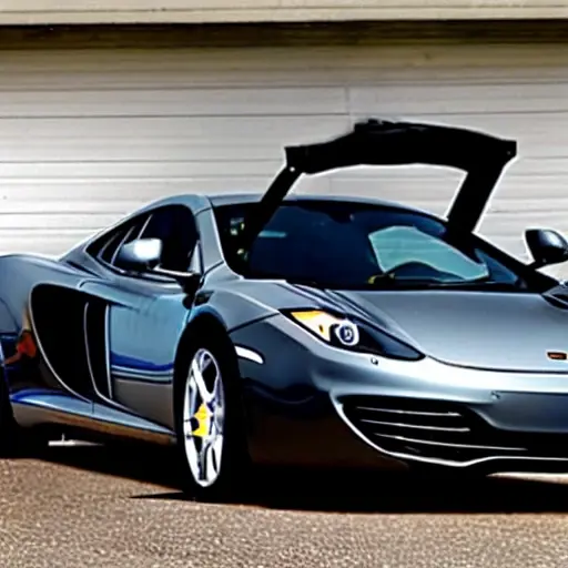 a mechanic performing an oil change on a McLaren MP4-12C, the car is on a lift in a garage, the engine bay is open, oil filter is visible, tools are scattered around, low resolution, blurry details, grainy texture