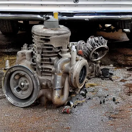 A disassembled car engine block and cylinder head placed on a dirty garage floor, surrounded by scattered metal parts, tools, and oil puddles, low resolution, blurry details, poor lighting, grainy texture