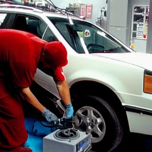 a blurry, low resolution photo of a mechanic working on the air conditioning system of a car, the car is a GAC GS5 from 2011, the hood is open, tools are scattered around, the image has a grainy texture and poor lighting