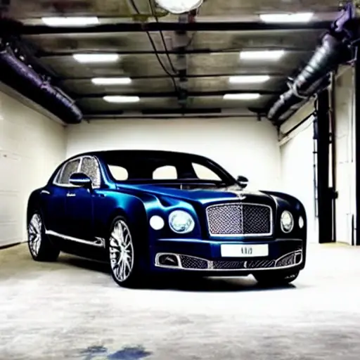 A low-resolution, grainy photo of a luxury car service garage, a black Bentley Mulsanne is parked on the concrete floor, mechanics in blue uniforms are working on the engine, tools and car parts scattered around, dim lighting, blurry details