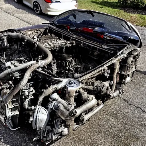 A disassembled Audi S7 2012 engine block on a dirty garage floor, with greasy parts scattered around, low resolution, blurry details, poor lighting, grainy texture