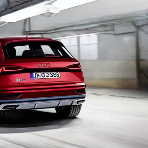 a low resolution, blurry, and grainy photo of an Audi Q3 Sportback 2019 in a garage, with a mechanic refilling the air conditioning system using a service machine